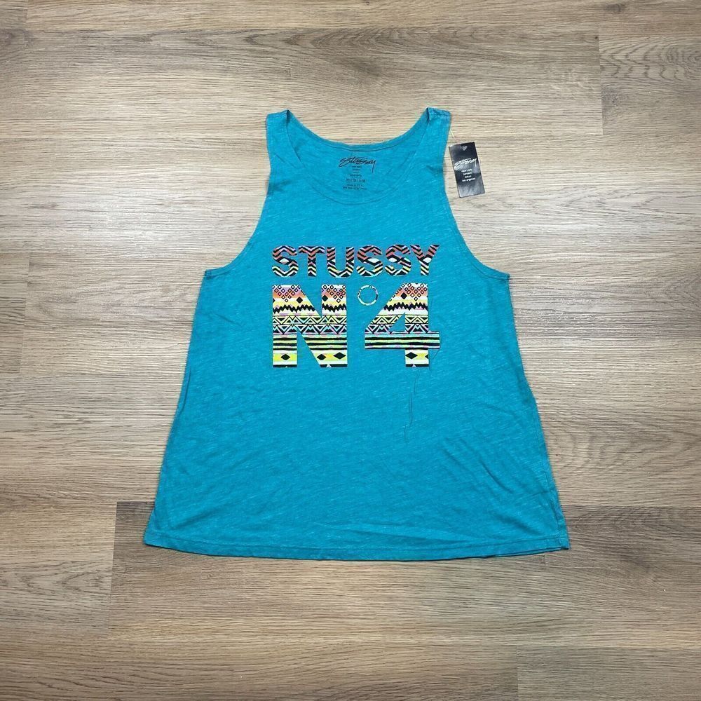 Stussy Tank Top Womens Medium Blue Tribal No 4 Swing Beach Casual